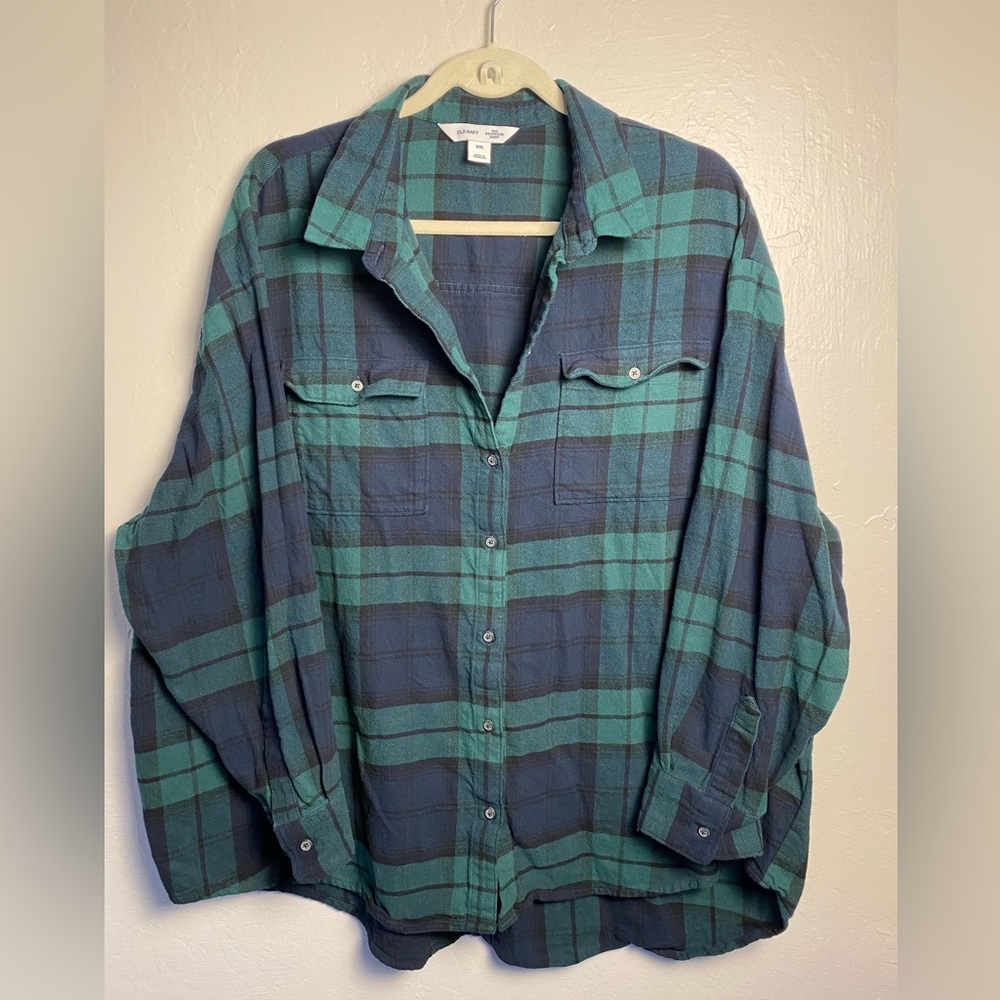 Old Navy Green and Navy Plaid Shirt